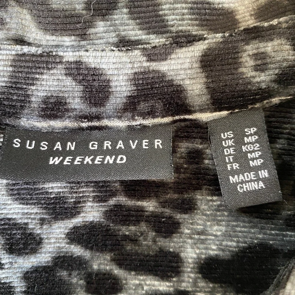 Susan Graver Whimsigoth Corduroy Shirt‎ Women SP Black Plaid Animal Print Trim